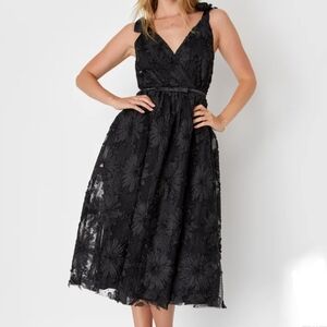 Lulu's Black Floral Applique Tie Strap Dress NEW